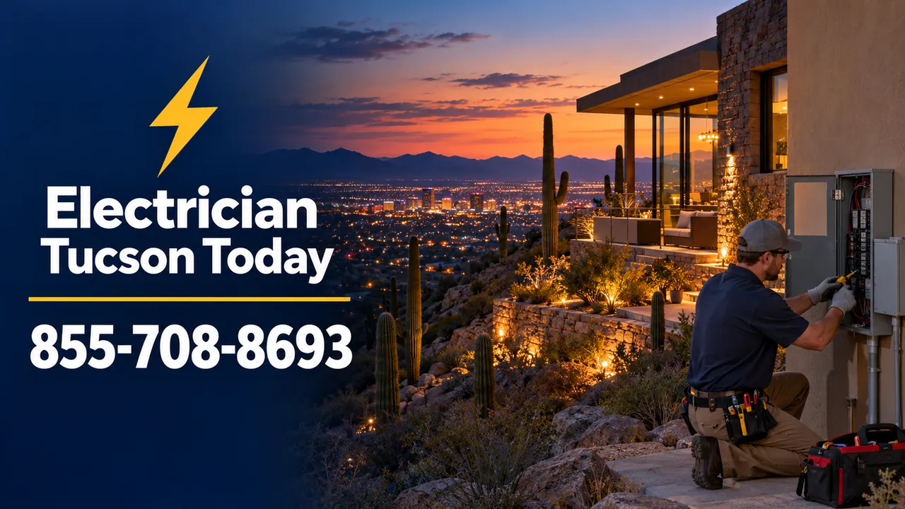 Hillside home in the Catalina Foothills with city lights of Tucson below at dusk