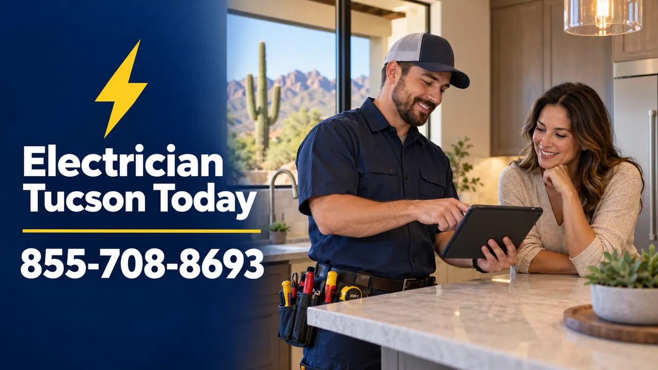 Electrician writing a quote on a tablet beside a homeowner in a Tucson kitchen
