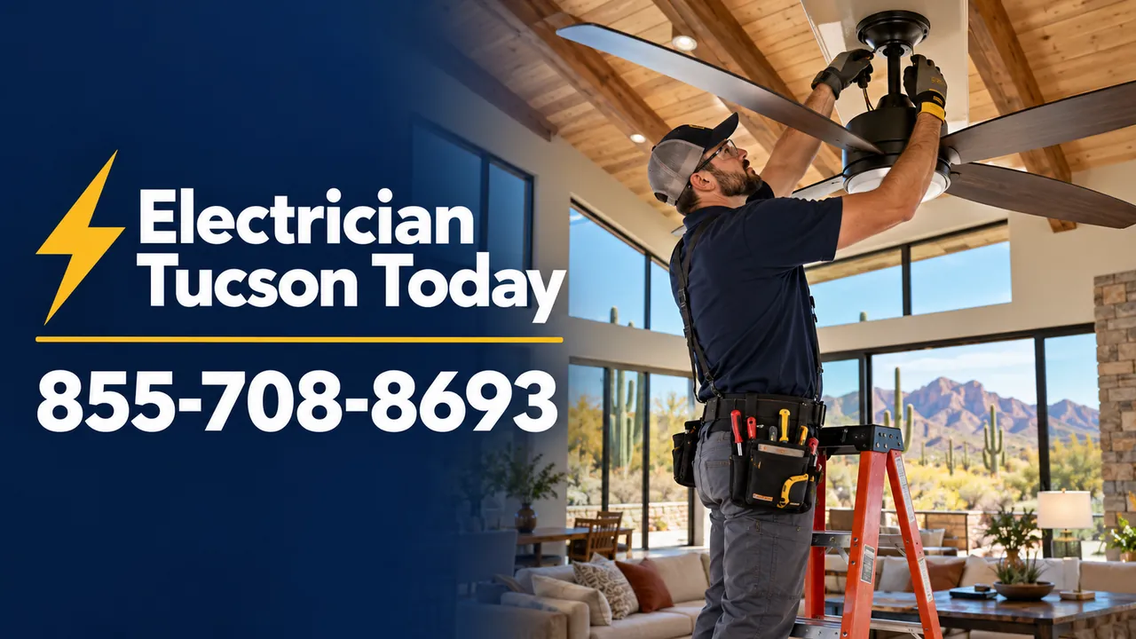 Electrician on a ladder installing a ceiling fan in a Tucson living room with a high ceiling