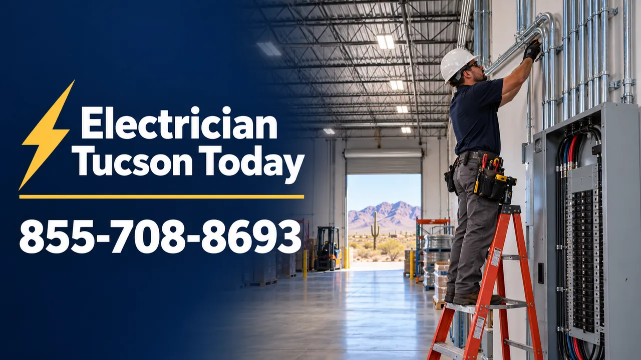 Commercial electrician working on conduit and a distribution panel in a Tucson warehouse