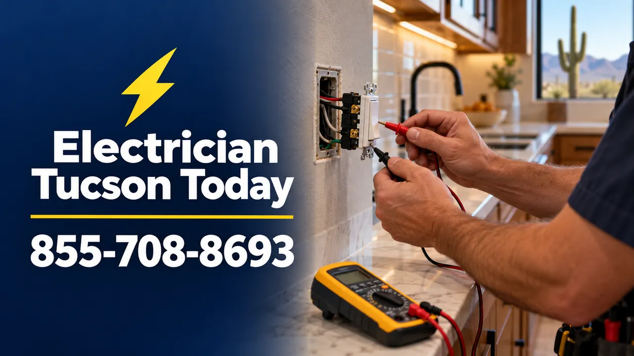 Electrician testing a wall switch with a multimeter in a Tucson kitchen