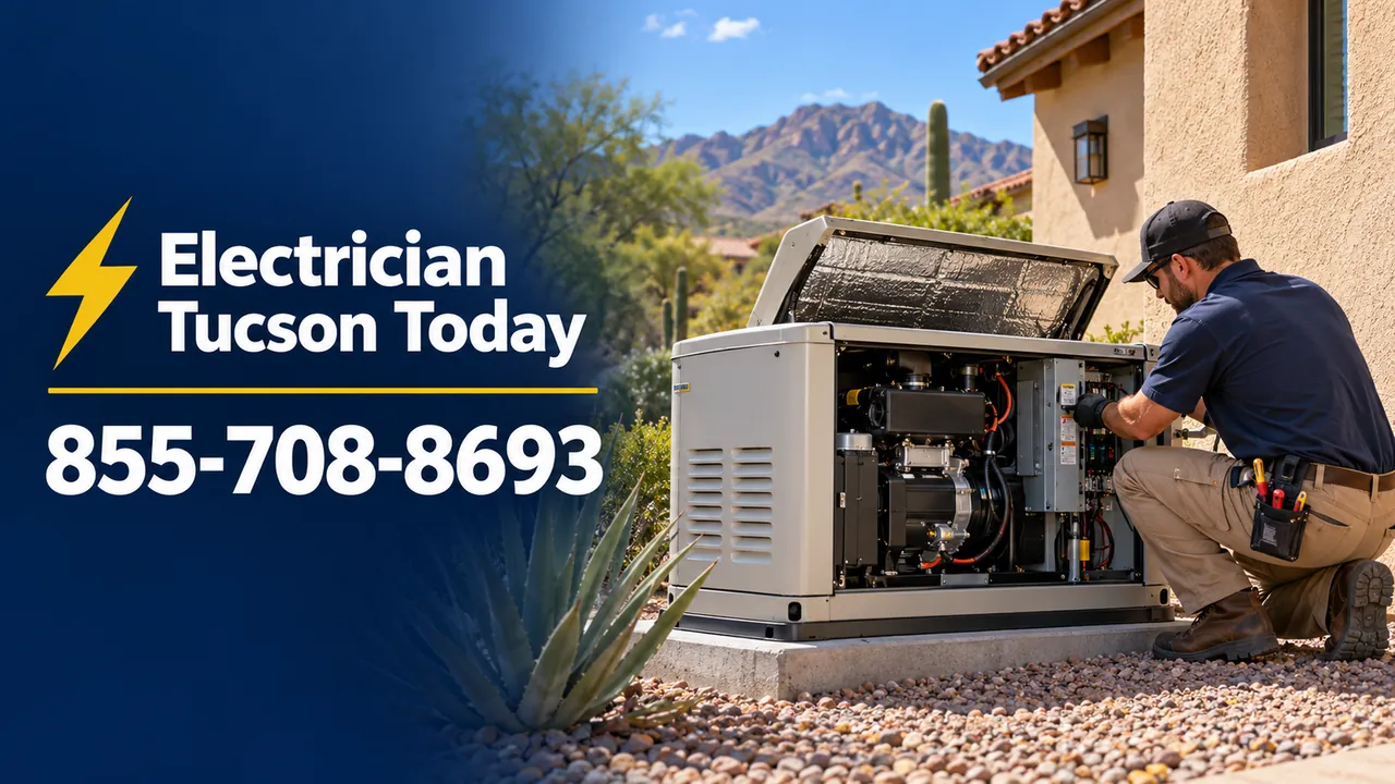 Standby generator on a concrete pad beside a Tucson home with desert landscaping
