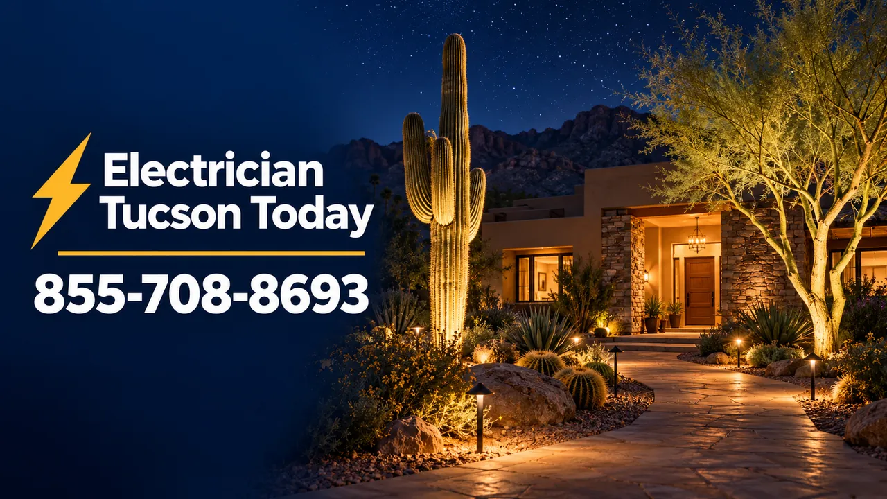 Tucson home at night with warm landscape lighting on saguaros and the front entry